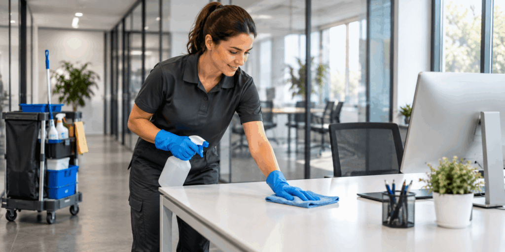 Reinigungskraft bei der professionellen Reinigung eines Büros